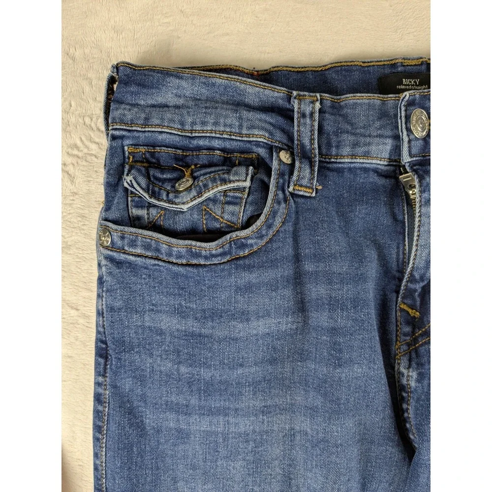 True Religion‎ Ricky Relaxed Straight Leg Jeans Distressed Denim Mens Size 33